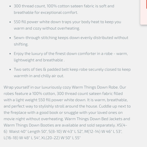 Warm Things Quilted Down Robe Small - Picture 4 of 8